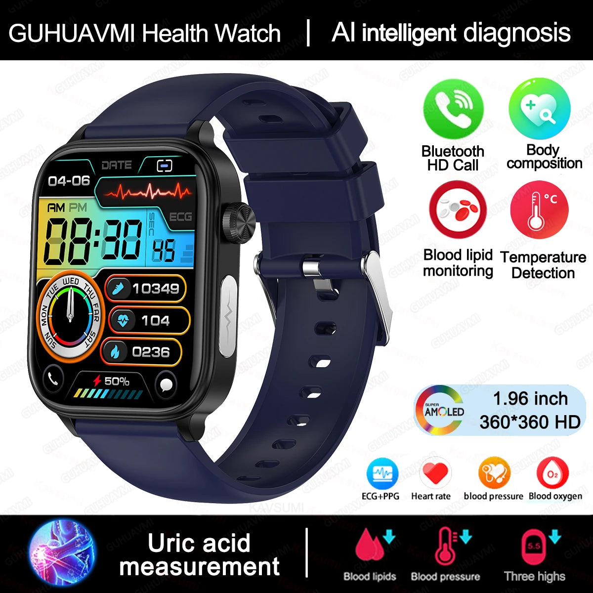 2025 Smart Health Watch – ECG, PPG, Blood Lipids, Uric Acid, Oxygen, Bluetooth Call