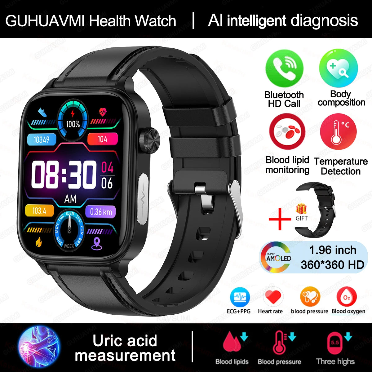 2025 Smart Health Watch – ECG, PPG, Blood Lipids, Uric Acid, Oxygen, Bluetooth Call
