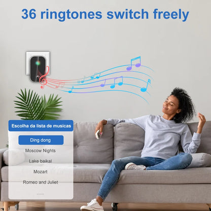 Wireless Smart Doorbell – 36 Ringtones, 300M Range, Outdoor, Battery-Free Chime Kit