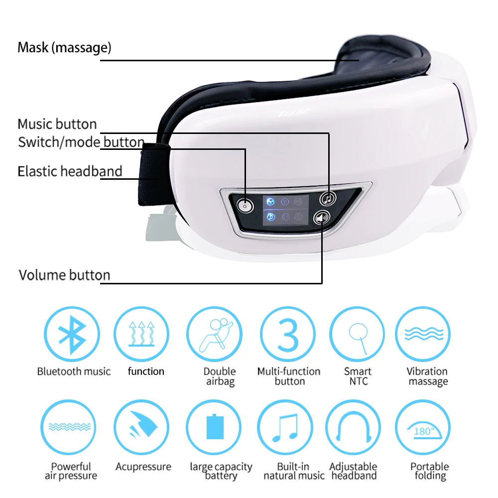 6D Smart Eye Massager – Vibration, Airbag, Bluetooth, Sleep Mask for Eye Relax