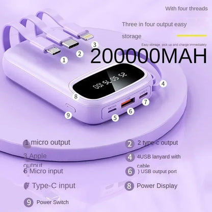 200000mAh Power Bank – Built-in Cable, Mini, Fast Charging, Portable Charge