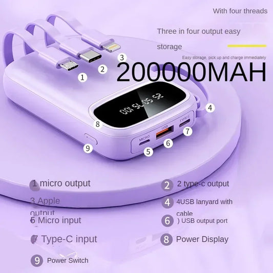 200000mAh Power Bank – Built-in Cable, Mini, Fast Charging, Portable Charge