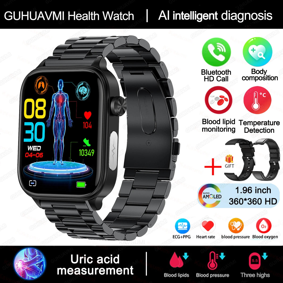 2025 Smart Health Watch – ECG, PPG, Blood Lipids, Uric Acid, Oxygen, Bluetooth Call
