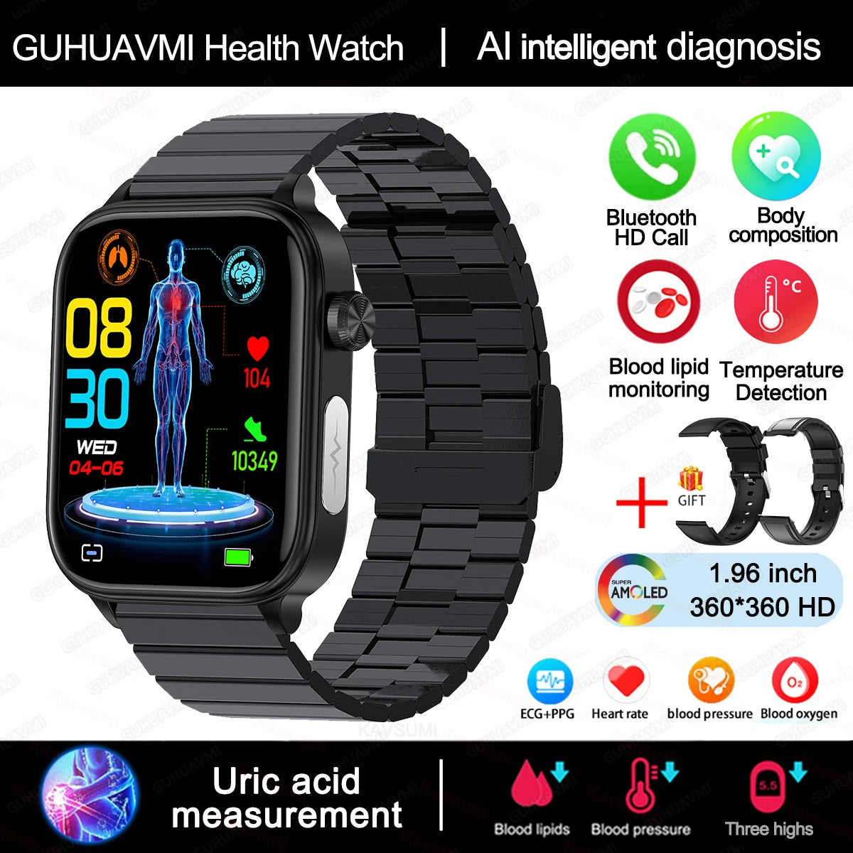 2025 Smart Health Watch – ECG, PPG, Blood Lipids, Uric Acid, Oxygen, Bluetooth Call