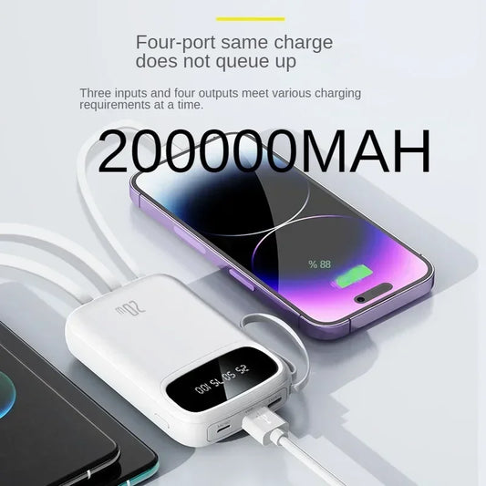 200000mAh Power Bank – Built-in Cable, Mini, Fast Charging, Portable Charge