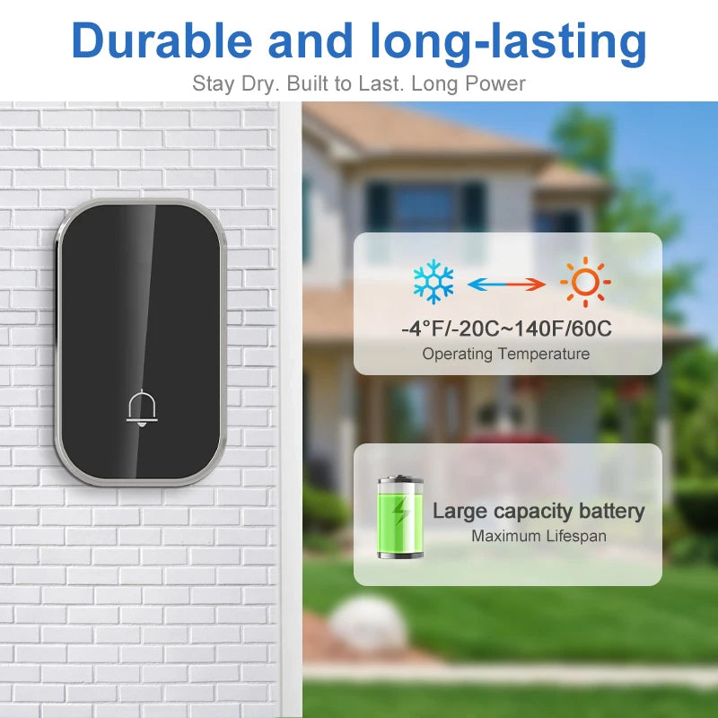Wireless Smart Doorbell – 36 Ringtones, 300M Range, Outdoor, Battery-Free Chime Kit