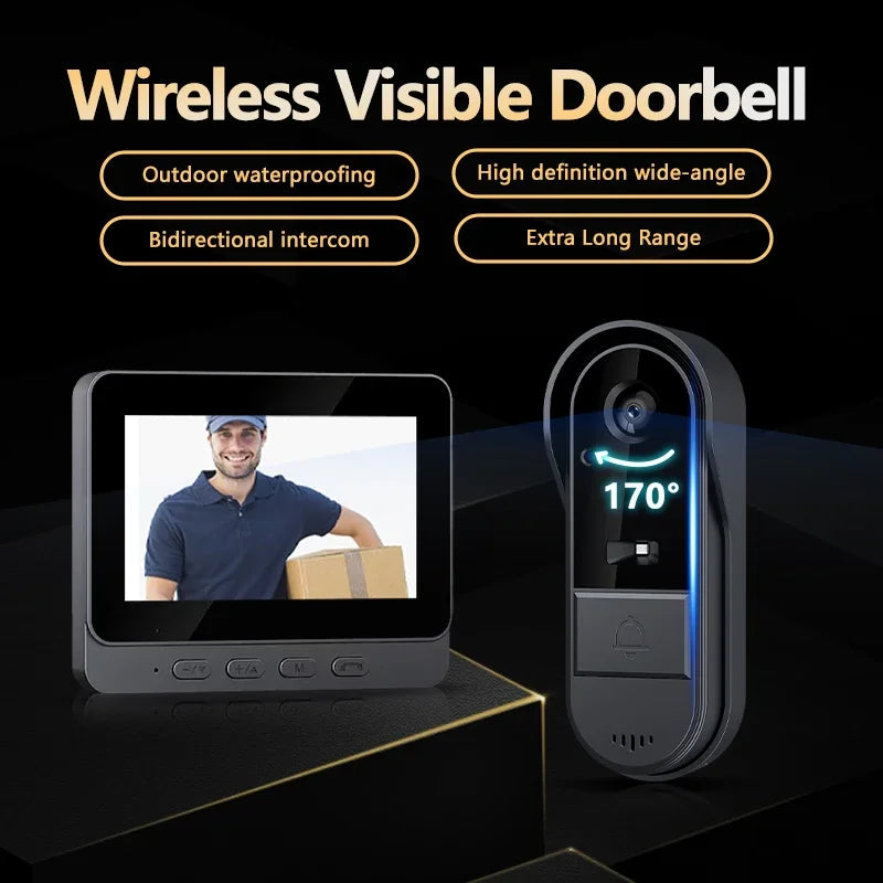 Wireless Intercom Doorbell – HD Night Vision, 4.3" IPS Screen, Waterproof Video Camera